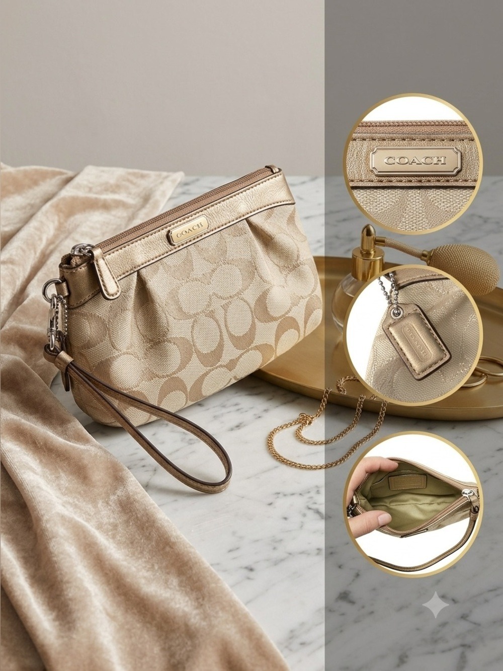 Coach Signature C Gold Brown Canvas Leather Wristlet 4”x6”